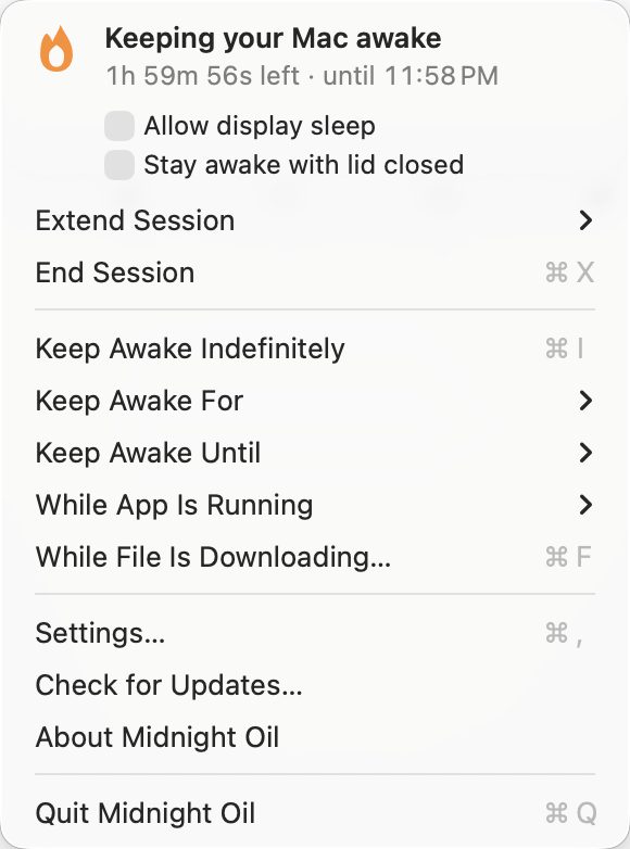 The Midnight Oil menu with a two-hour session running